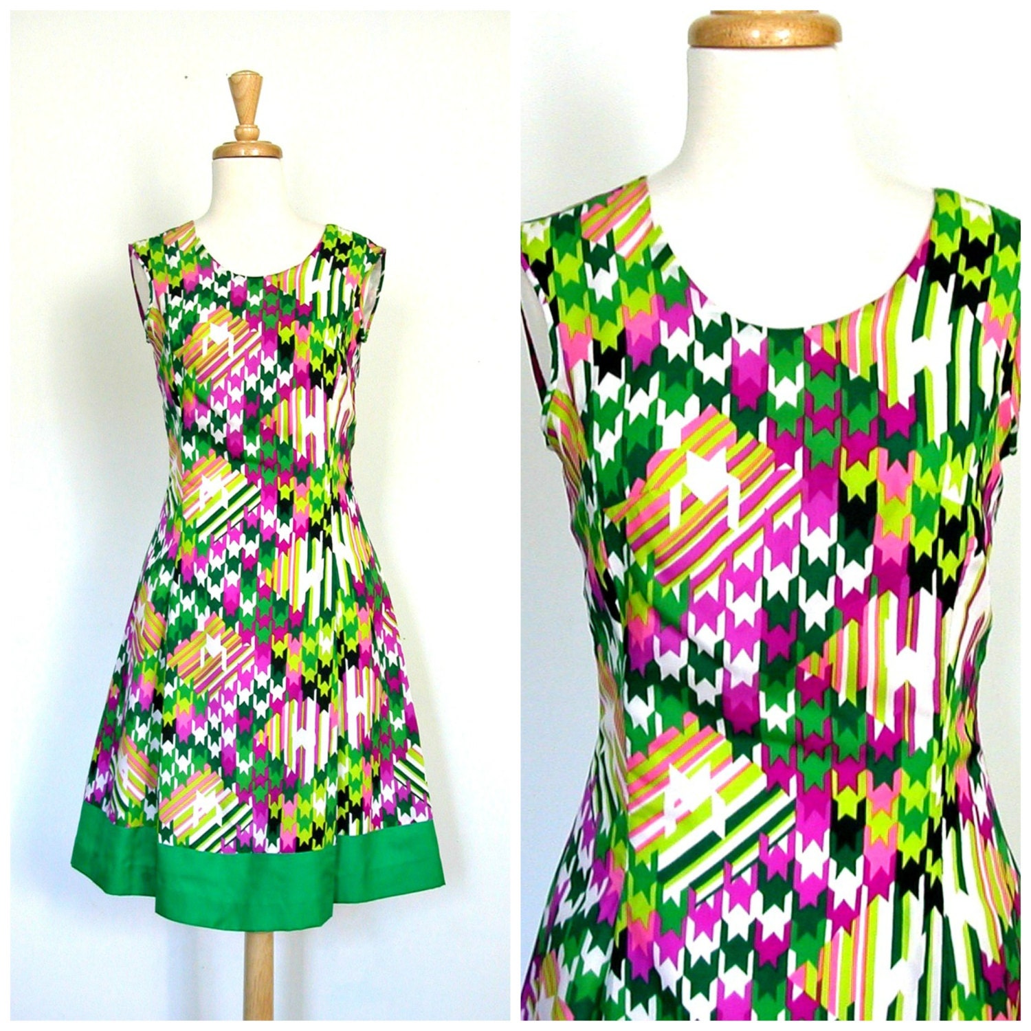 1970s Dress / 70s abstract dress / geometric dress / fit and flare / satin dress / womens party dress / nipped waist / small medium