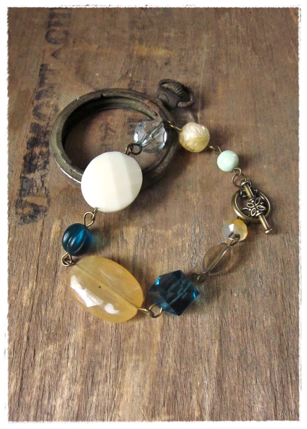 Vintage Beaded Bracelet, Teal, Honey, Taupe, Statement Bracelet, Chunky Bohemian Beads, Eco Friendly Recycled Jewelry