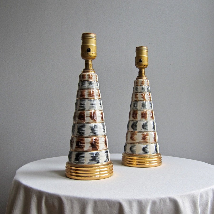 Pair of Mid Century Ceramic Table Lamps with Gilt Details Brown and Black Bedside
