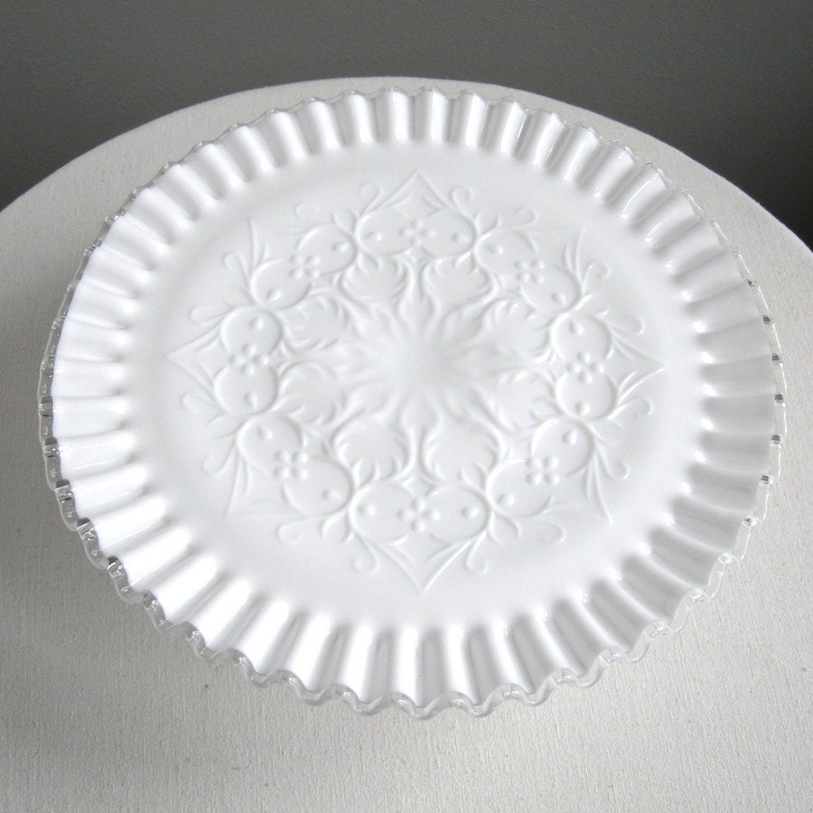 Milk Glass Cake Plate by Fenton - Silver Crest Spanish Lace Wedding Decor