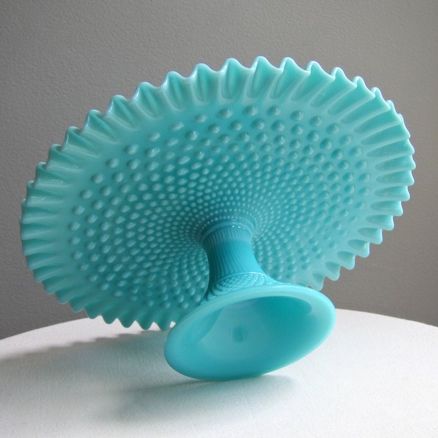 Fenton Turquoise Blue Hobnail Milk Glass Cake Stand, 1950s Wedding Cake Plate