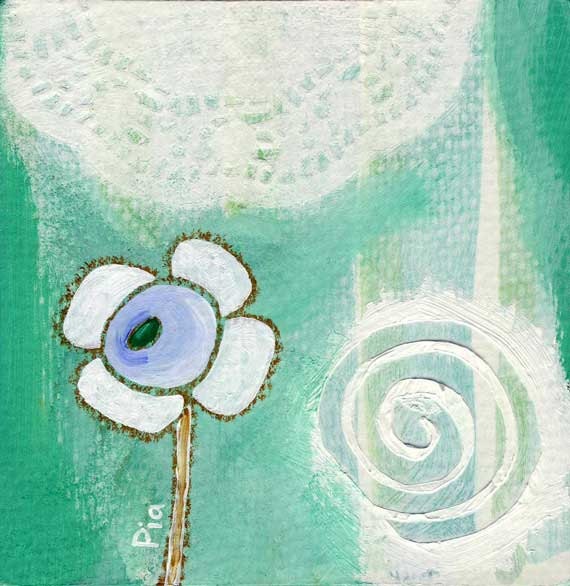 Remembering, original painting, textured mixed media on wood block 4.5 x 4.5 inches, teal green blue, abstract floral pattern