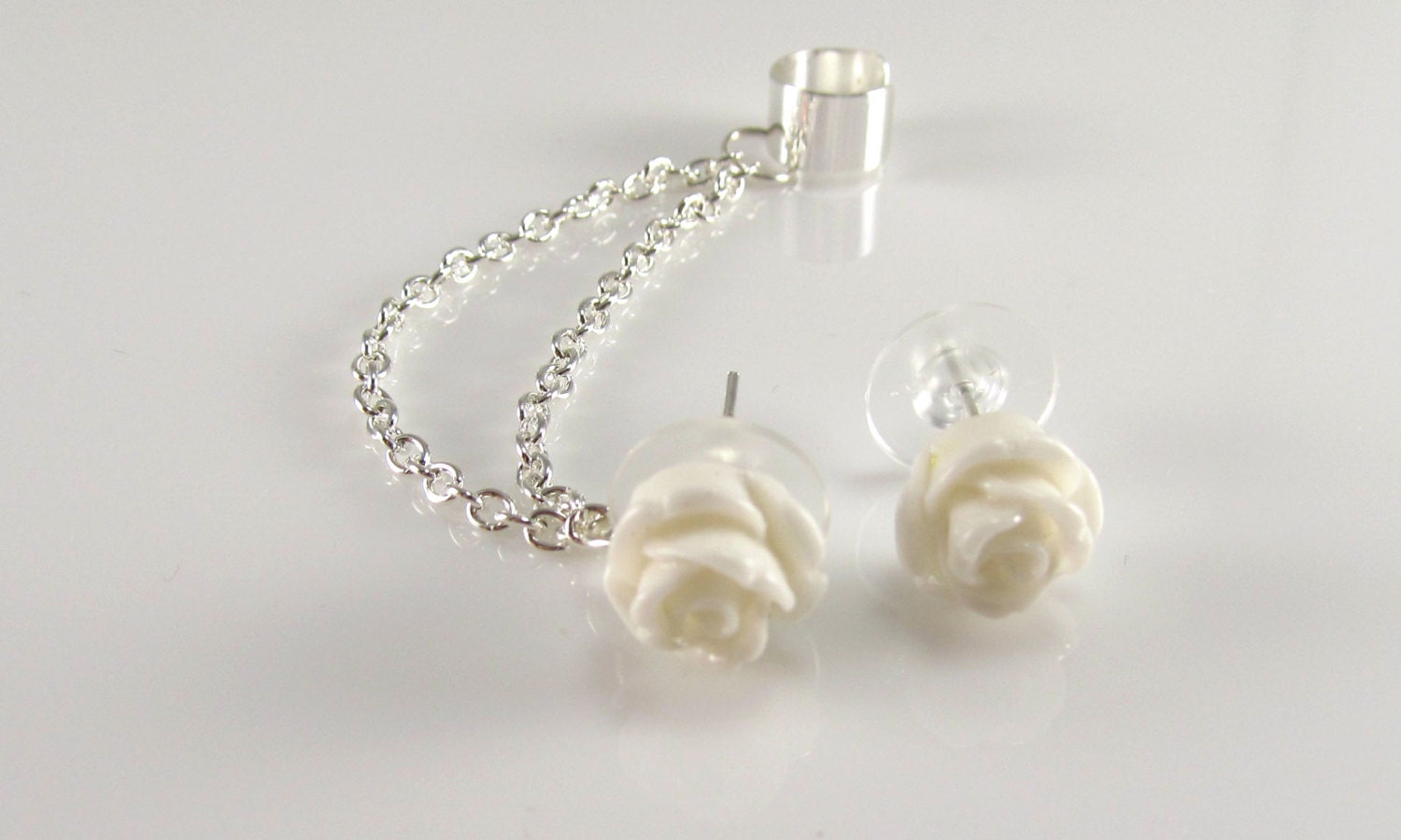 White Rose Ear Cuff Double Chain and Bonus Insect Earrings