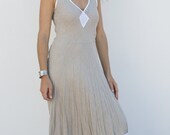 Maxi Bias Cut Linen Dress in Natural Sand with White