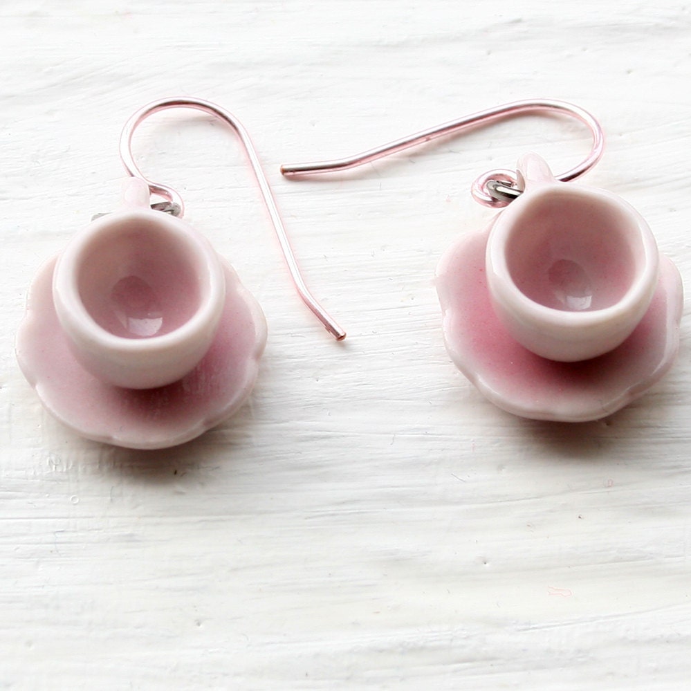 Tea Cup Earrings - Pink with Pink Enameled Copper Hooks - BeanDoll