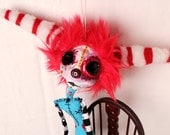 Clown Art Doll. poseable Circus puppet, big eyes, Horns, tears, Love Me, creepy strange. crudeart crude art