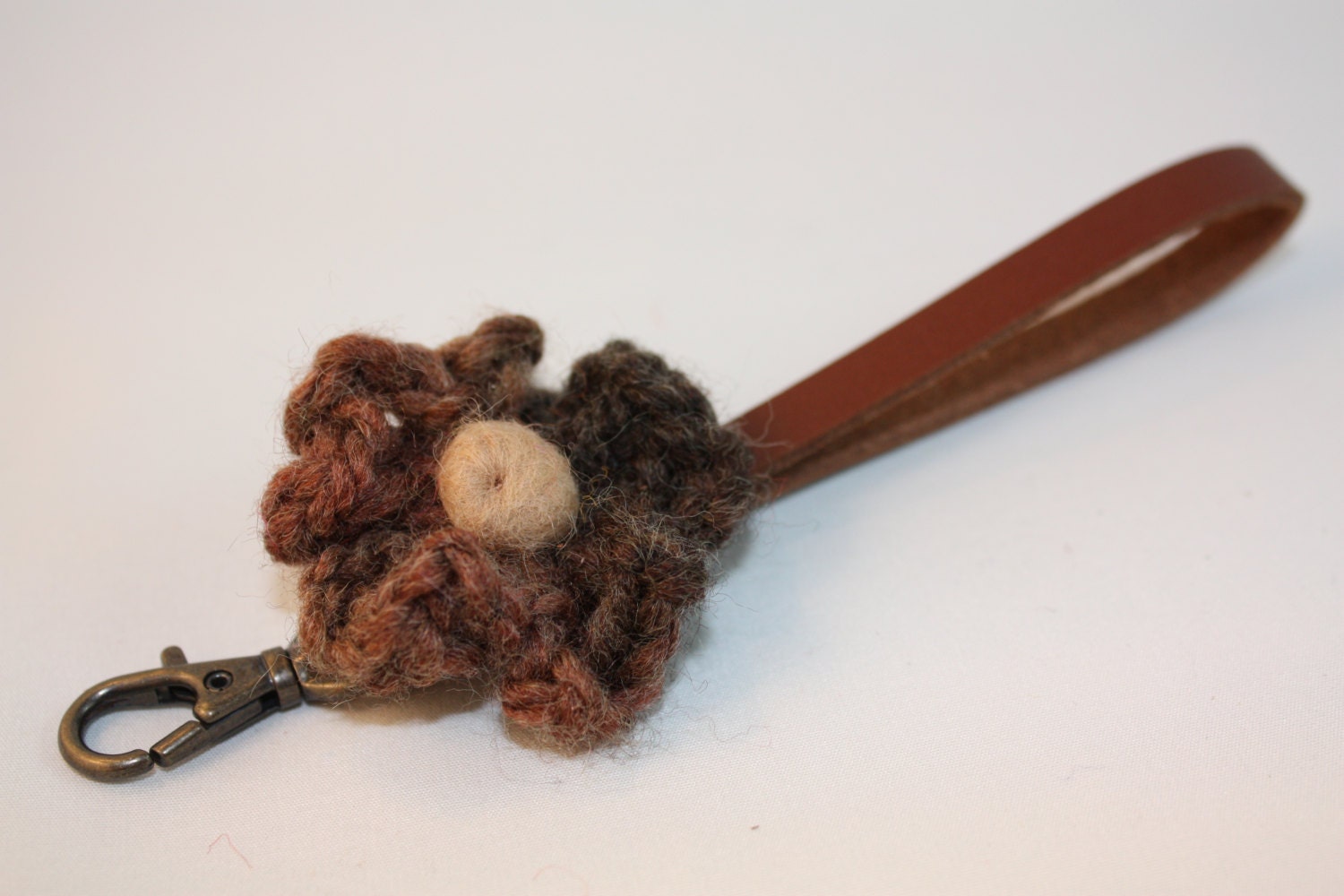 leather key chain with crochet flower