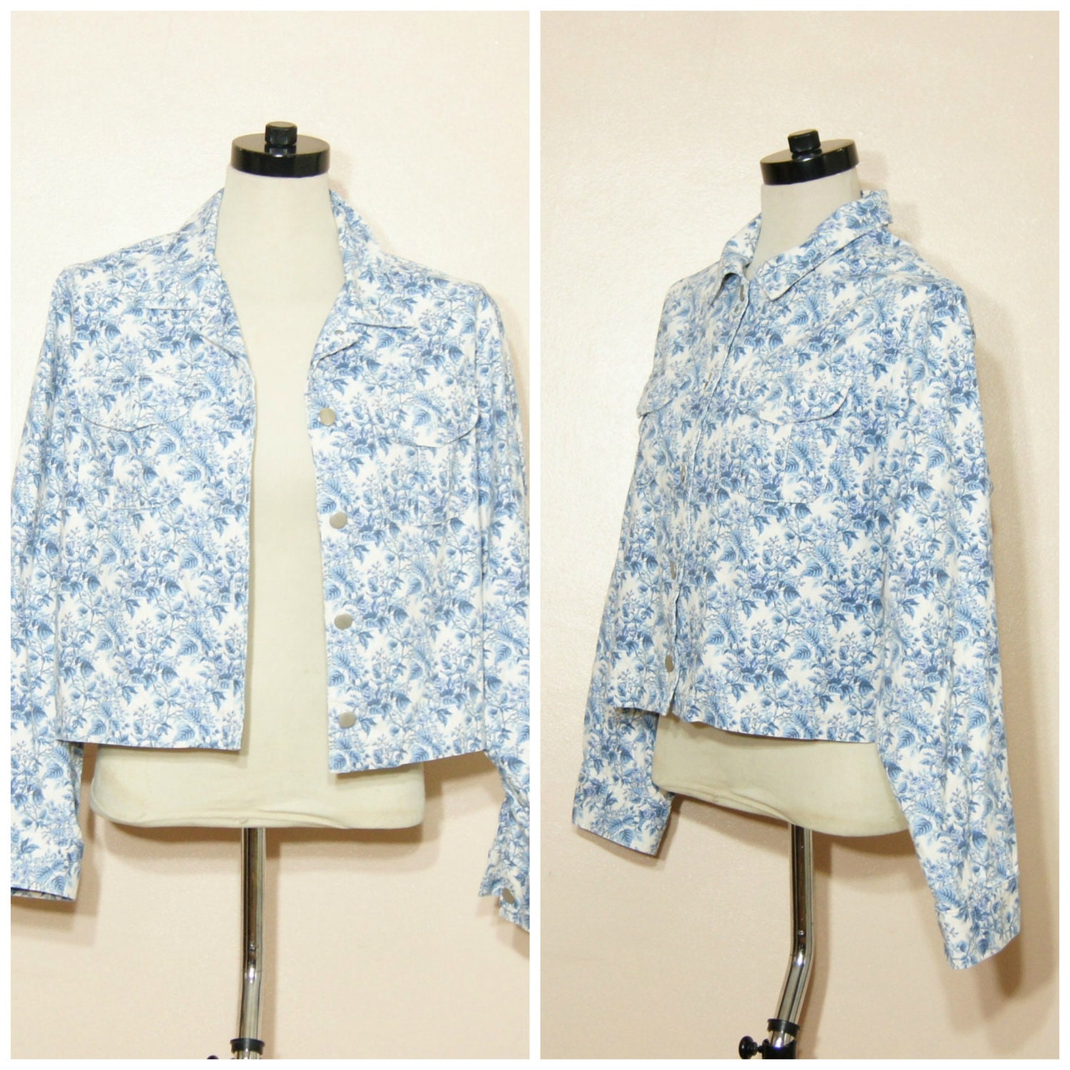 90s Floral Jeans Jacket Medium Large Cropped Pastel Grunge Denim Jacket Ditsy Floral Print
