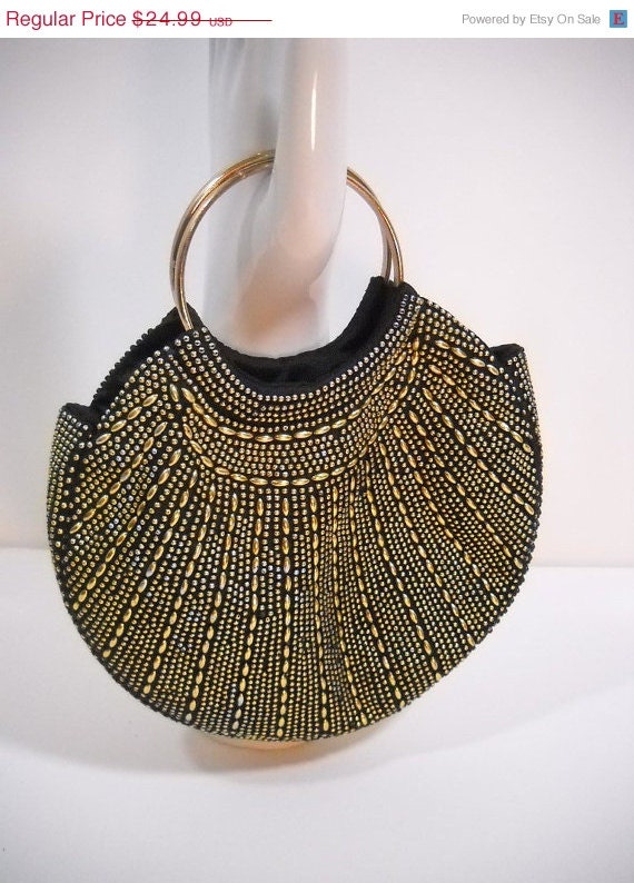 ON SALE Vintage Beaded Purse Evening Bag Black and Gold Art Deco