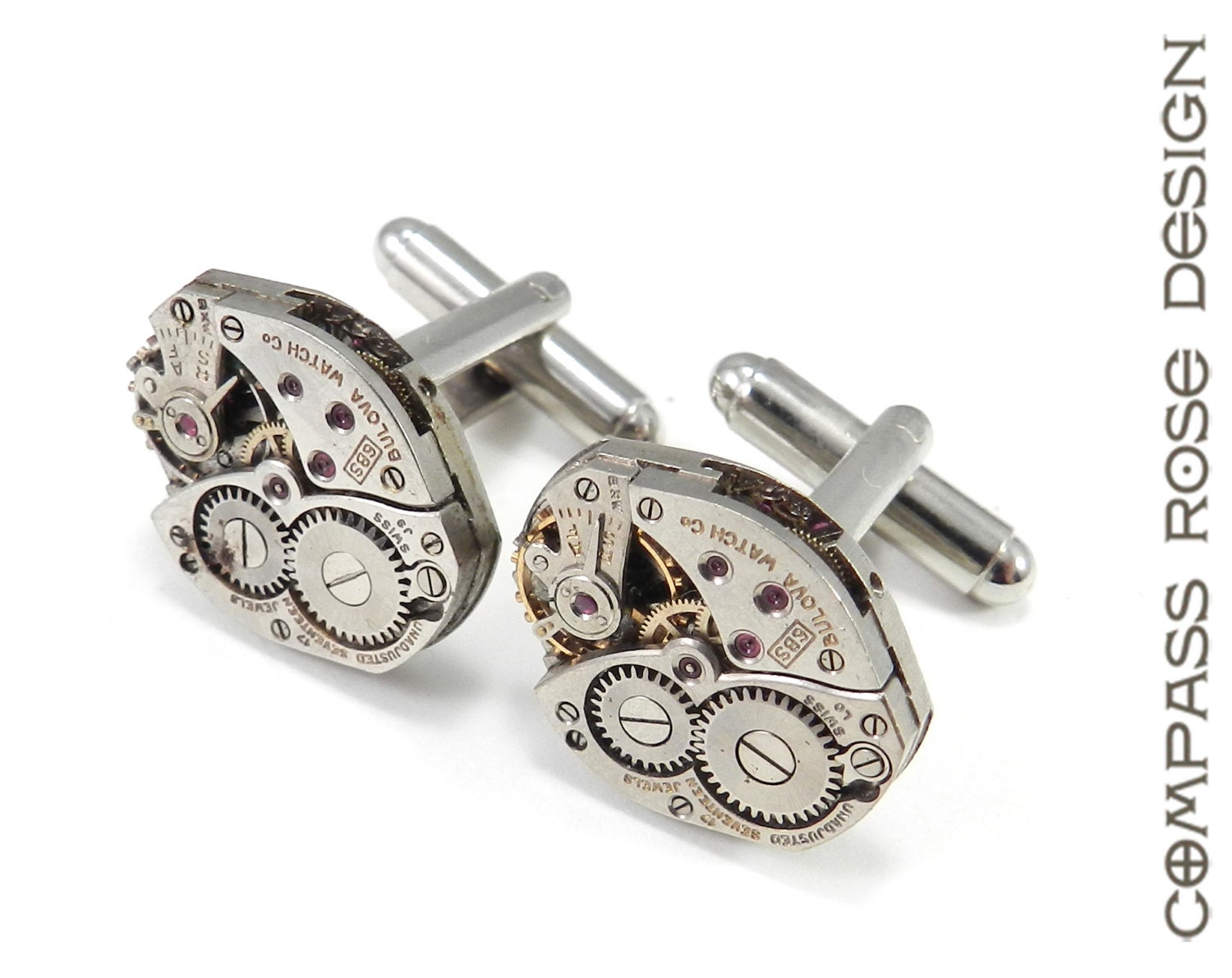 SOLDERED Steampunk Cufflinks - Watch Movement Cuff Links - Mechanical Bulova 17 Jewel Watches - Wedding Anniversary Everyday Awesome