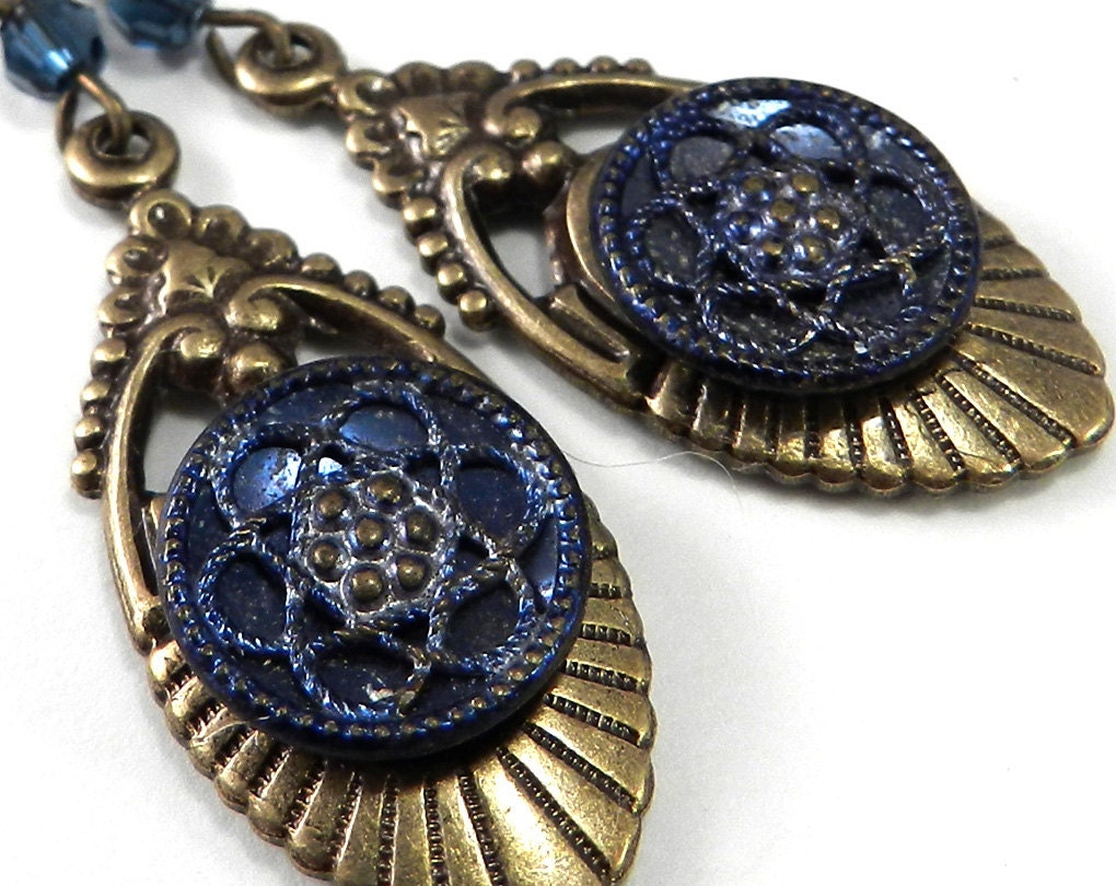 Antique Button Earrings - Victorian Button Jewelry - Blue and Brass - Greek Victorian Revival Design - Bohemian Vintage Jewelry