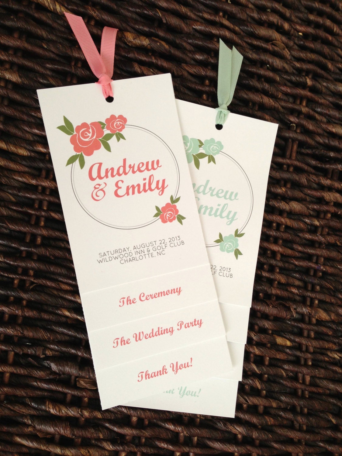 100 Custom Coral Pink Rose Layered Wedding Programs  - Choose your colors