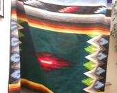 Mexican Woven Heavy Wool Saltillo / Rug / Blanket- Vintage 60s Folk Art Textile Rainbow Stripes Green Background 87 x 60 Inches