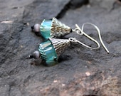 mint lanterns / earrings /  teal cathedral and cats eye glass earrings/  FREE domestic SHIPPING / asian modern silver cone green grey