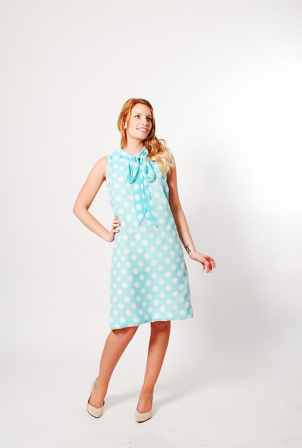 Vintage 1960s Dress - 60s MOD Dress - Aqua & White Polka Dots