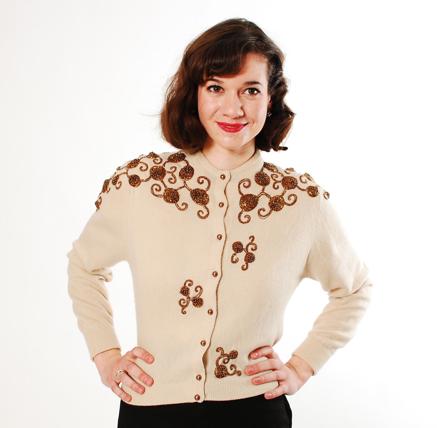 1950s Cashmere Cardigan - 50s Beaded Sweater - Beige with Copper Beads