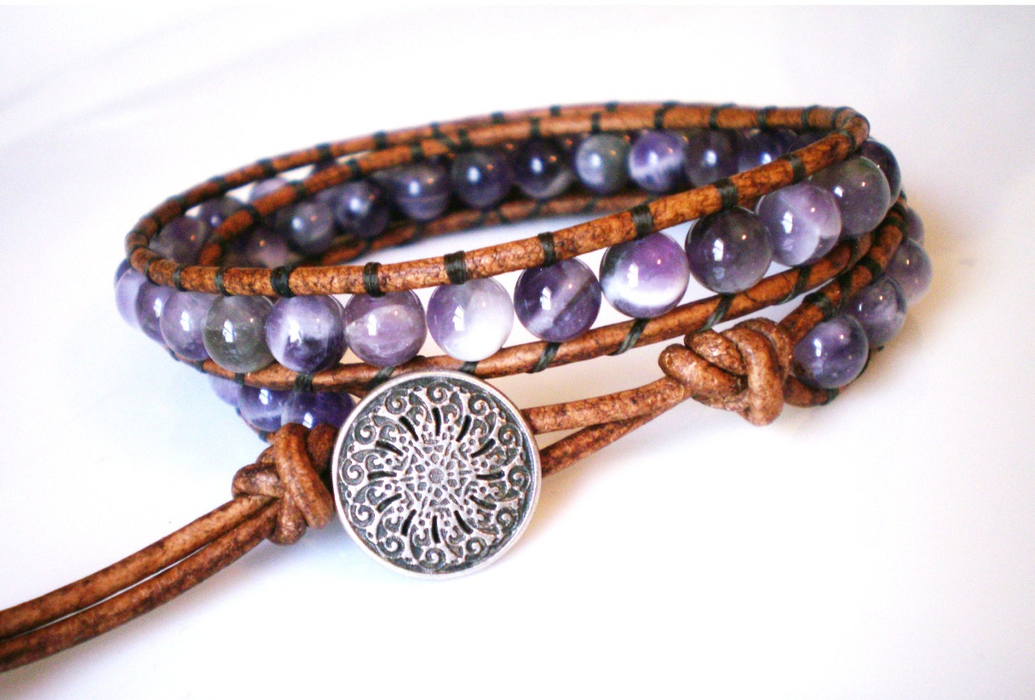 Genuine Amethyst Bracelet Leather Wrap
