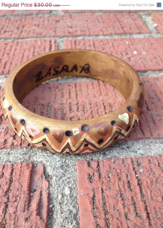 Memorial Sale Wood Bangle bracelet, jewelry,  hand painted,earthy colors, neutral, abstract zigzag design by Zasra