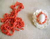 vintage genuine coral beads and coral shell brooch