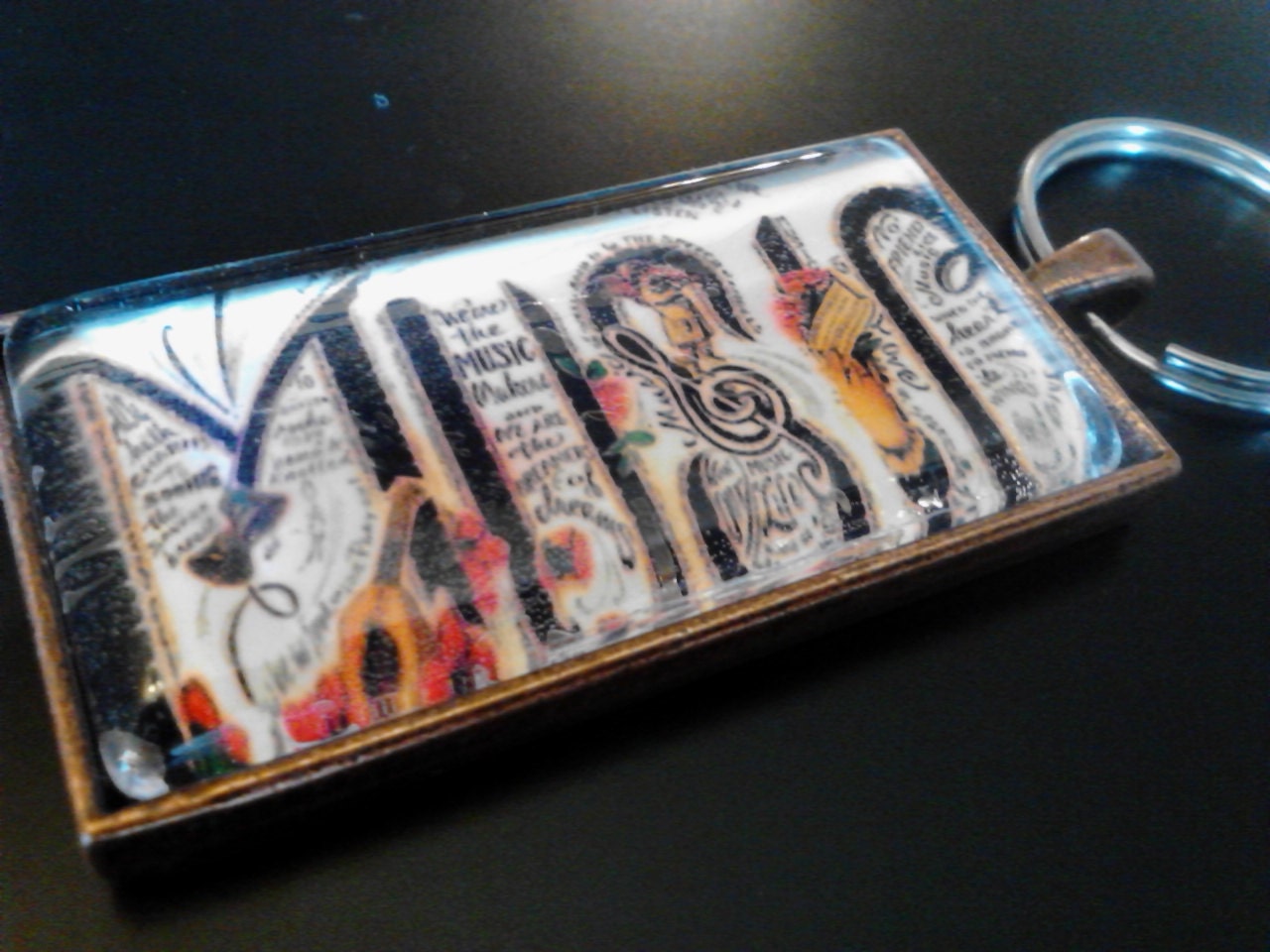 Floral Music Glass and Metal Keychain