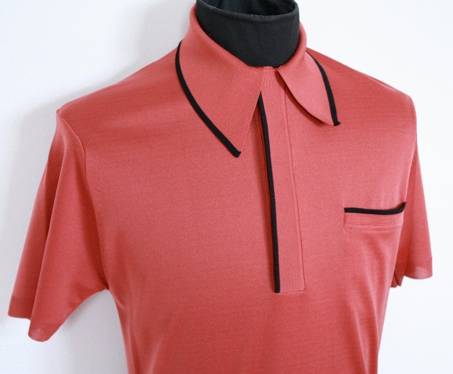 Vintage Men's 1960's Salmon Colored Polyester Shirt with Black Outlines
