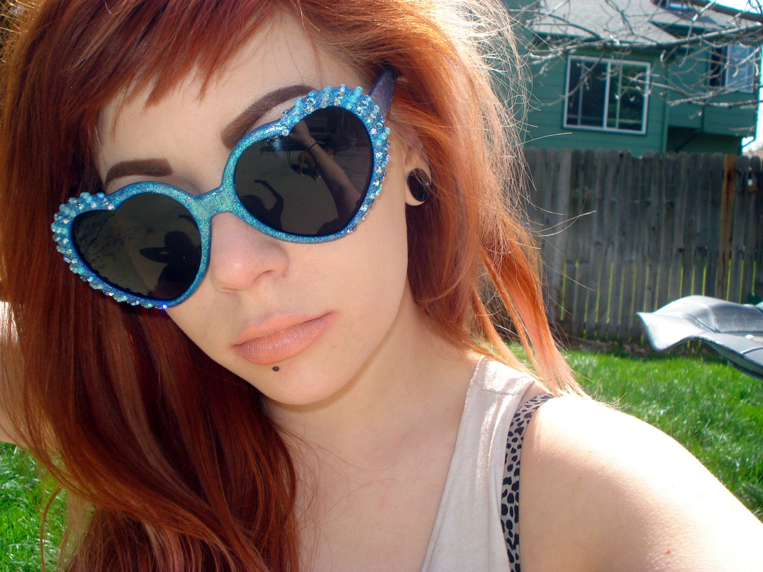 Woebegone- Blue Heart Shaped Sunglasses With Blue Glitter and Various Blue Rhinestones