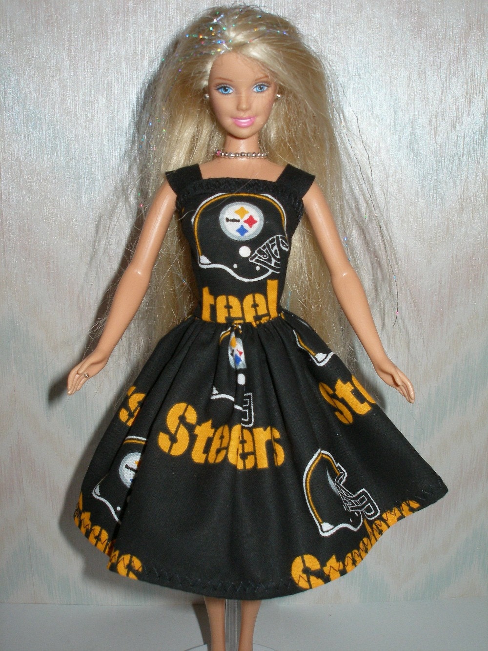 Handmade Barbie clothes - Black and gold steelers  dress