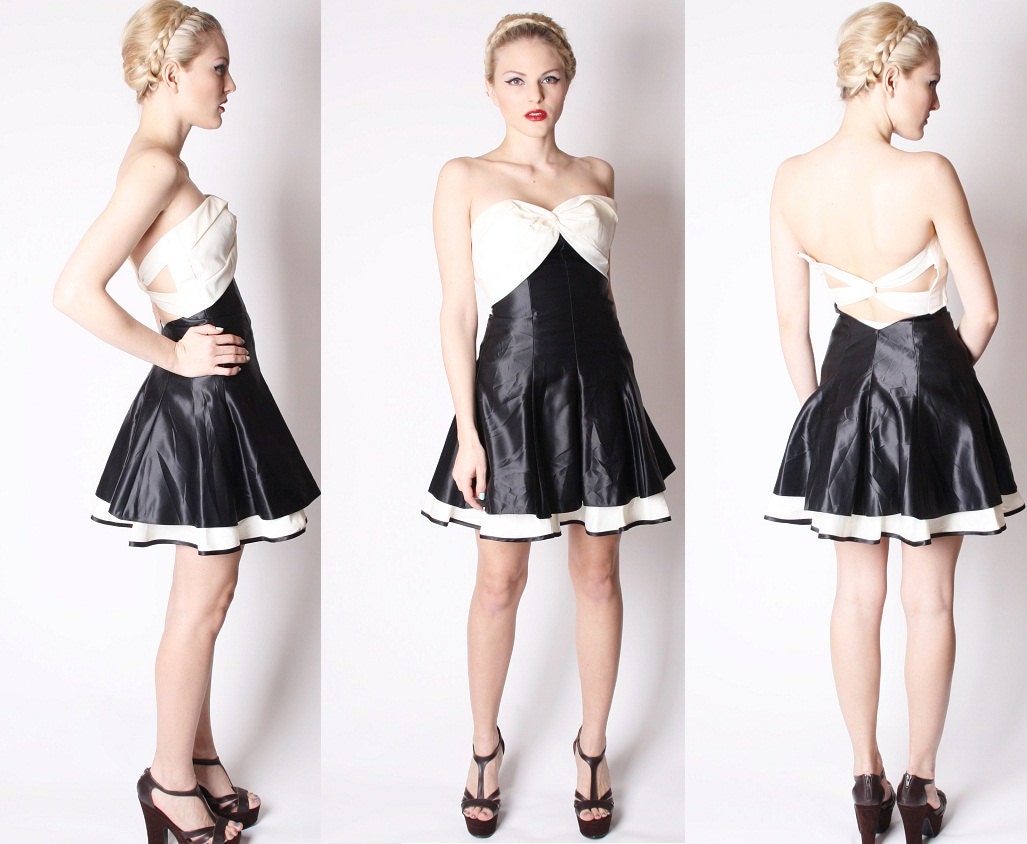 Black and White Short Strapless Open Back Prom Dress / Prom Dresses / Short Prom Dress / Black and White Cocktail Dress / 1983