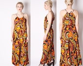 60s Floral Psychedelic Orange and Yellow Long Pants Romper / Bell Bottoms / 60s Romper / Psychedelic Romper 1960s / Mod Fashion / 2056