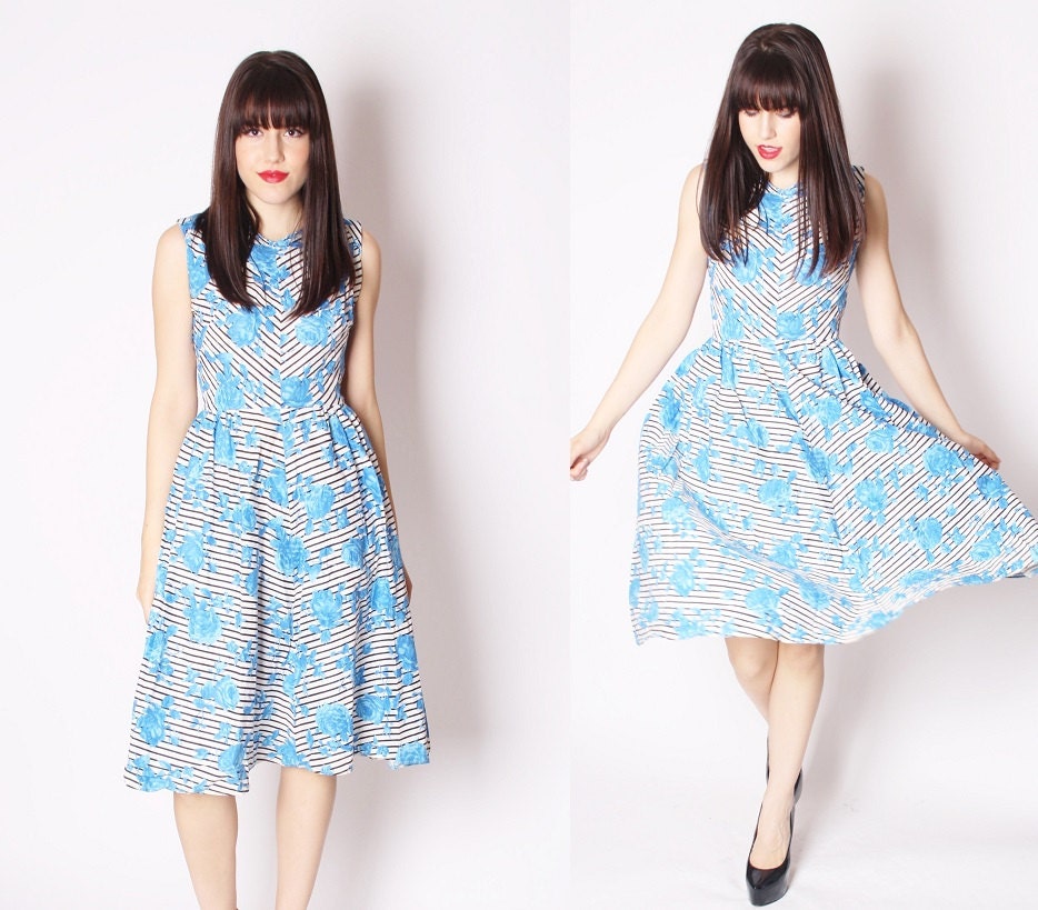 Vintage 50s Graphic Blue Rose and Chevron Mad Men Cocktail Dress / 50s Graphic Dress / 50s Cotton Dresses / 2195