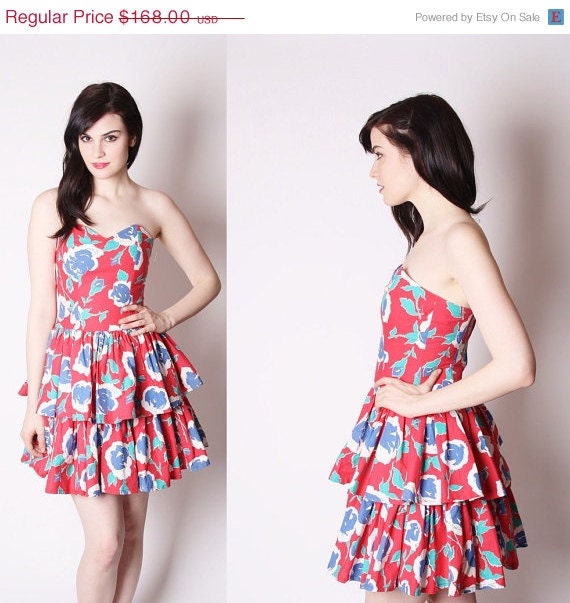 Strapless Floral Short Ruffle Cotton Party Dress / 80s Party Dress / Sweetheart Neckline Dress / Laura Ahsley Dress / Prom Dresses / 1928