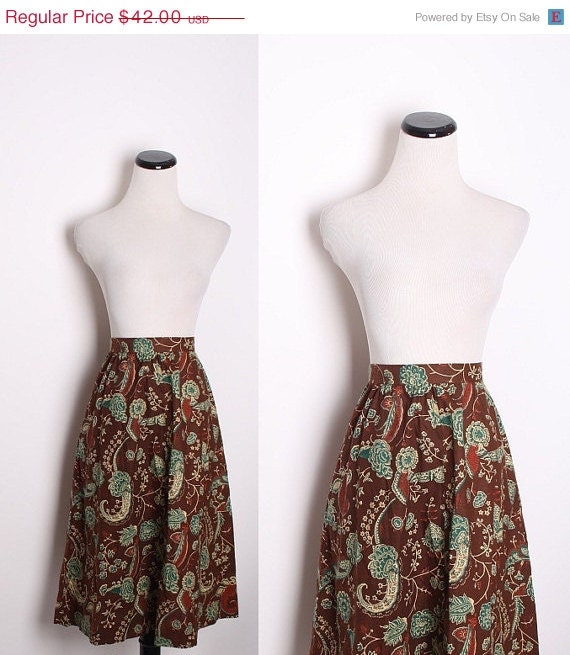 Vintage 1960s Autumn Paisley Skirt / Vintage Skirt / Skirt / Skirts /  Teal / Cotton  / Demask / 1306