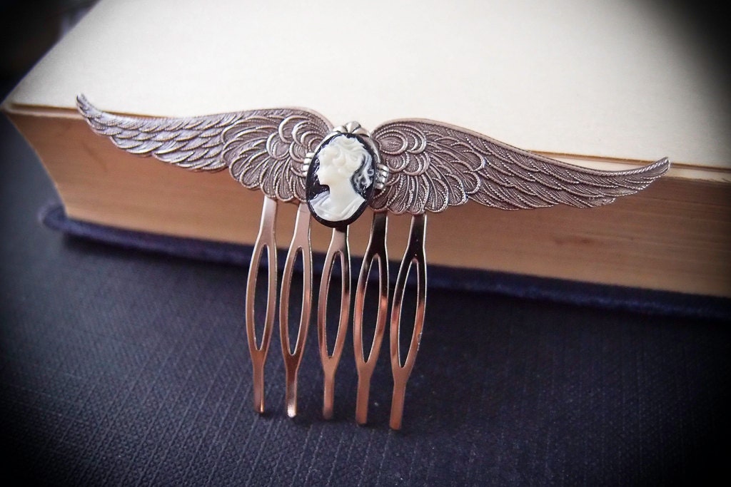 Double angel wing Victorian style cameo steampunk aged sterling silver brass hair comb