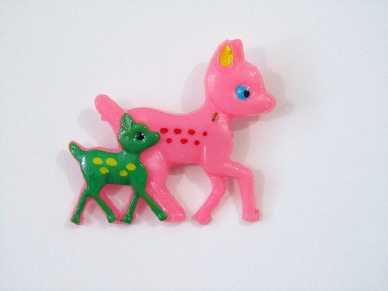 Vintage Bambi Pin Plastic Deer & Fawn Brooch in Pink and Green