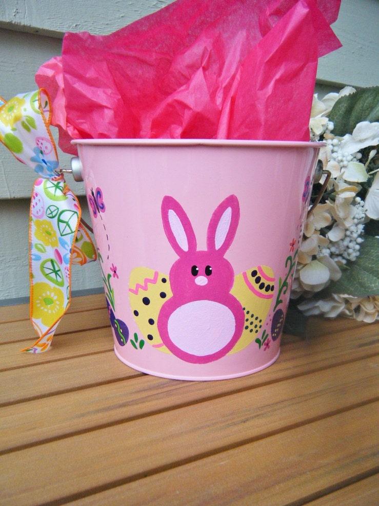 Easter Bucket - Personalized - Pink Easter Rabbit - Handpainted - OOAK
