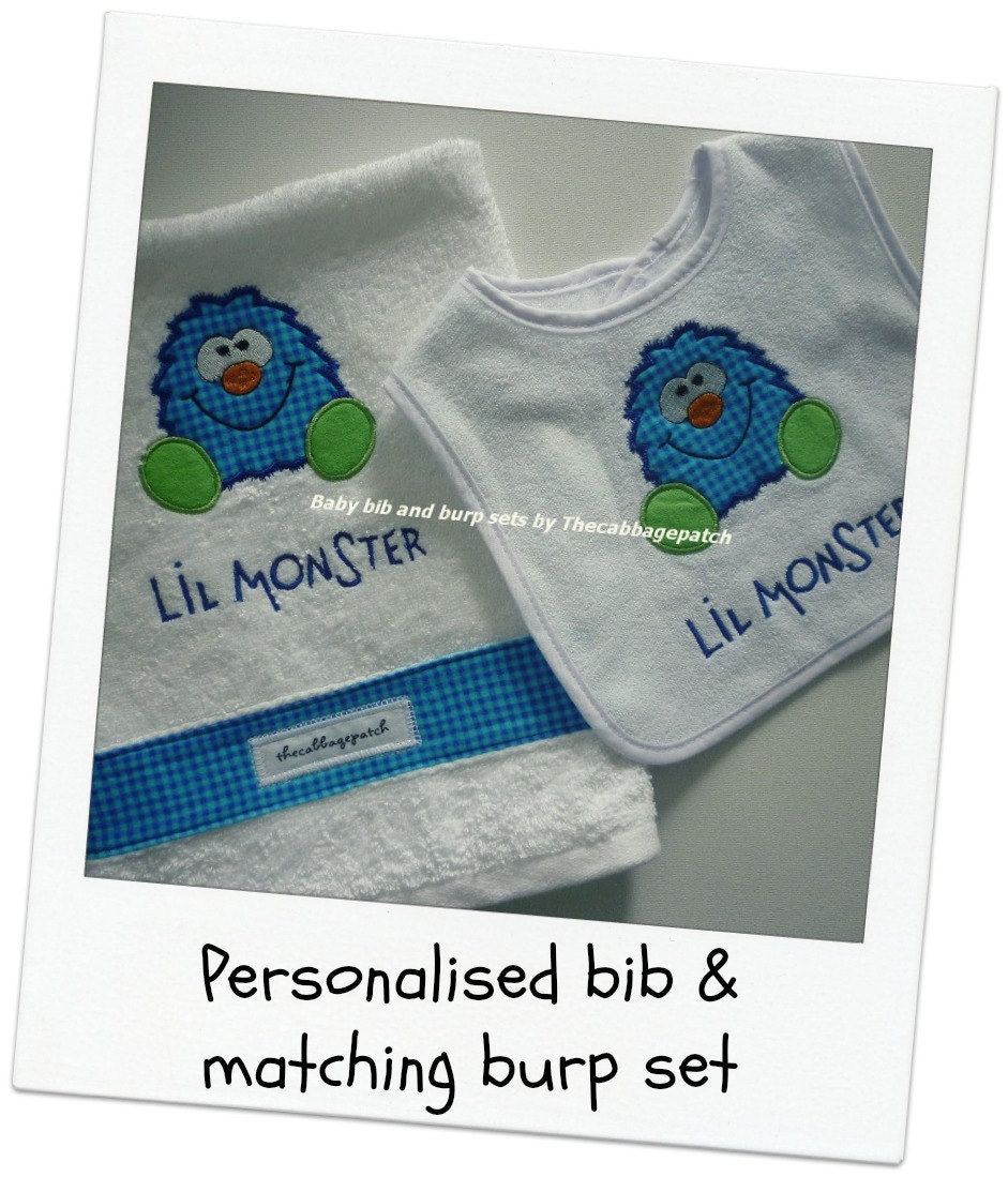 Baby bib and matching burp cloth Lil Monster Blue