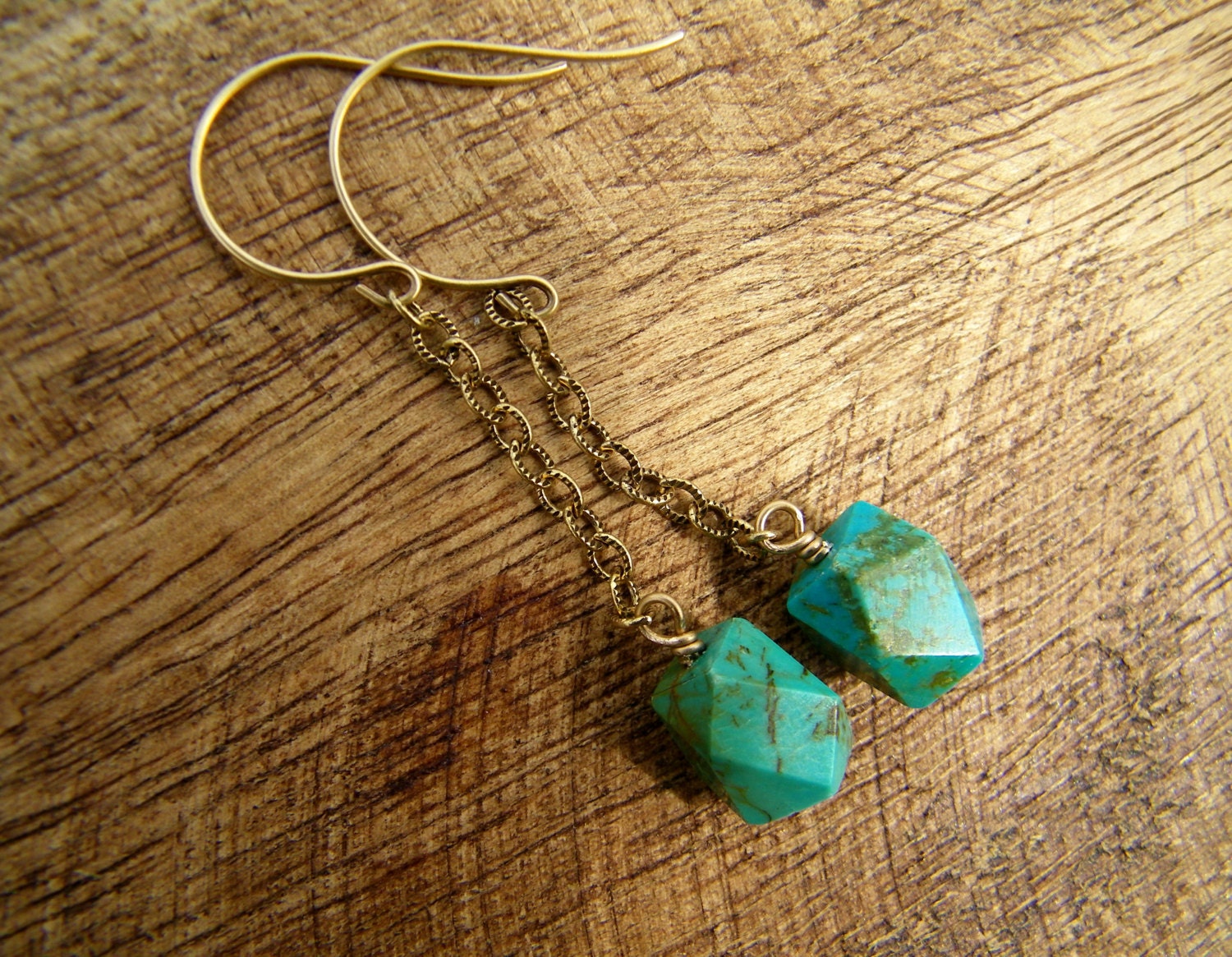 Turquoise Dangle Earrings. Natural, American Turquoise on Solid Brass. Geometric.