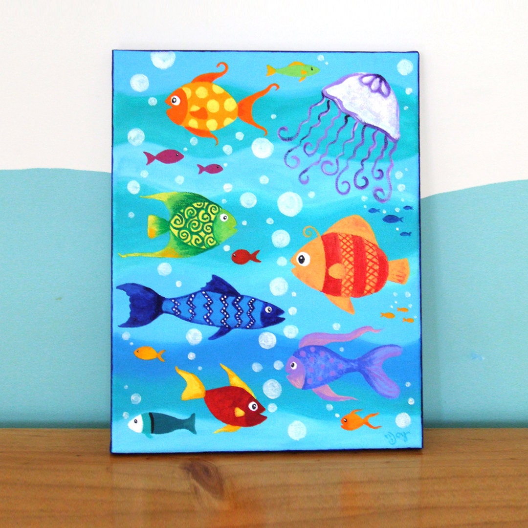 Kids Fish Painting, HAPPY FISH, 14x11 Canvas Art for Childrens Rooms or Baby Nursery