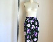 vintage 80s floral pants - PURPLE PEONY black floral pants / S-M
