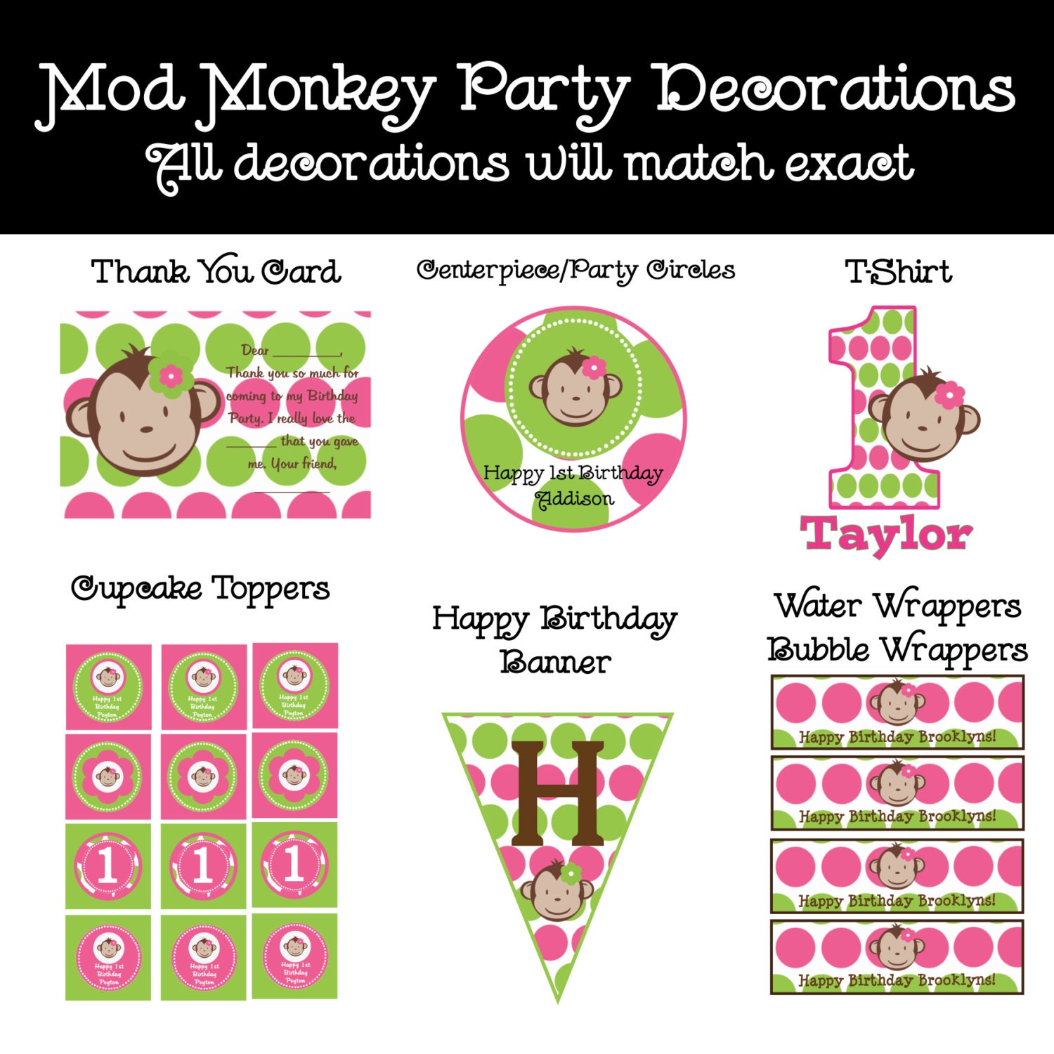Pink and Green Mod Monkey Birthday Invitation, Monkey Birthday Invitations, Printable or Printed