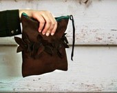 Leather Suede Clutch Brown Bag Turquoise Zipper and Flower Embellishments