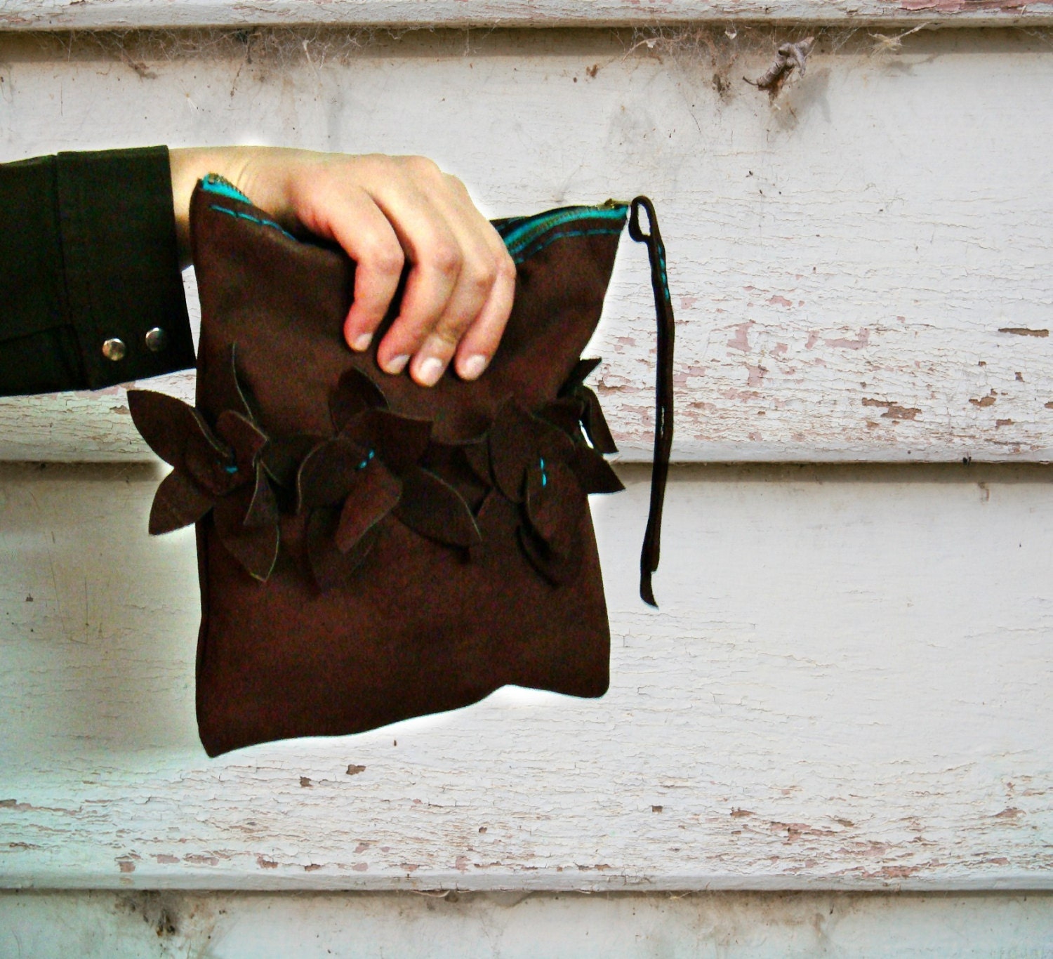 Leather Suede Clutch Brown Bag Turquoise Zipper and Flower Embellishments