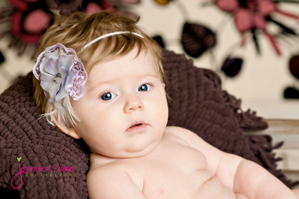 lavender baby headband, newborn headbands, lace flower headband, infant head band