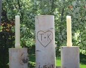 Large Birch Bark Unity Candle Personalized 10" Tall with Two 4" Tall Birch Candle Holders Rustic Wedding