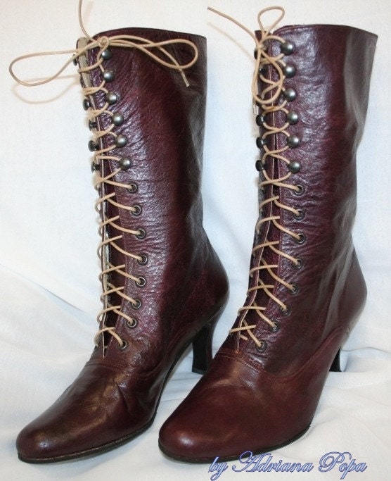 Victorian High Heel Lace up Boots Burgundy Leather Ankle boots
