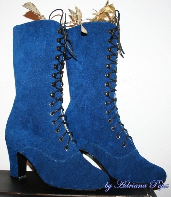 Victorian  Boots Ankle booties in Electric suede leather  Customized shoes ORDER your size