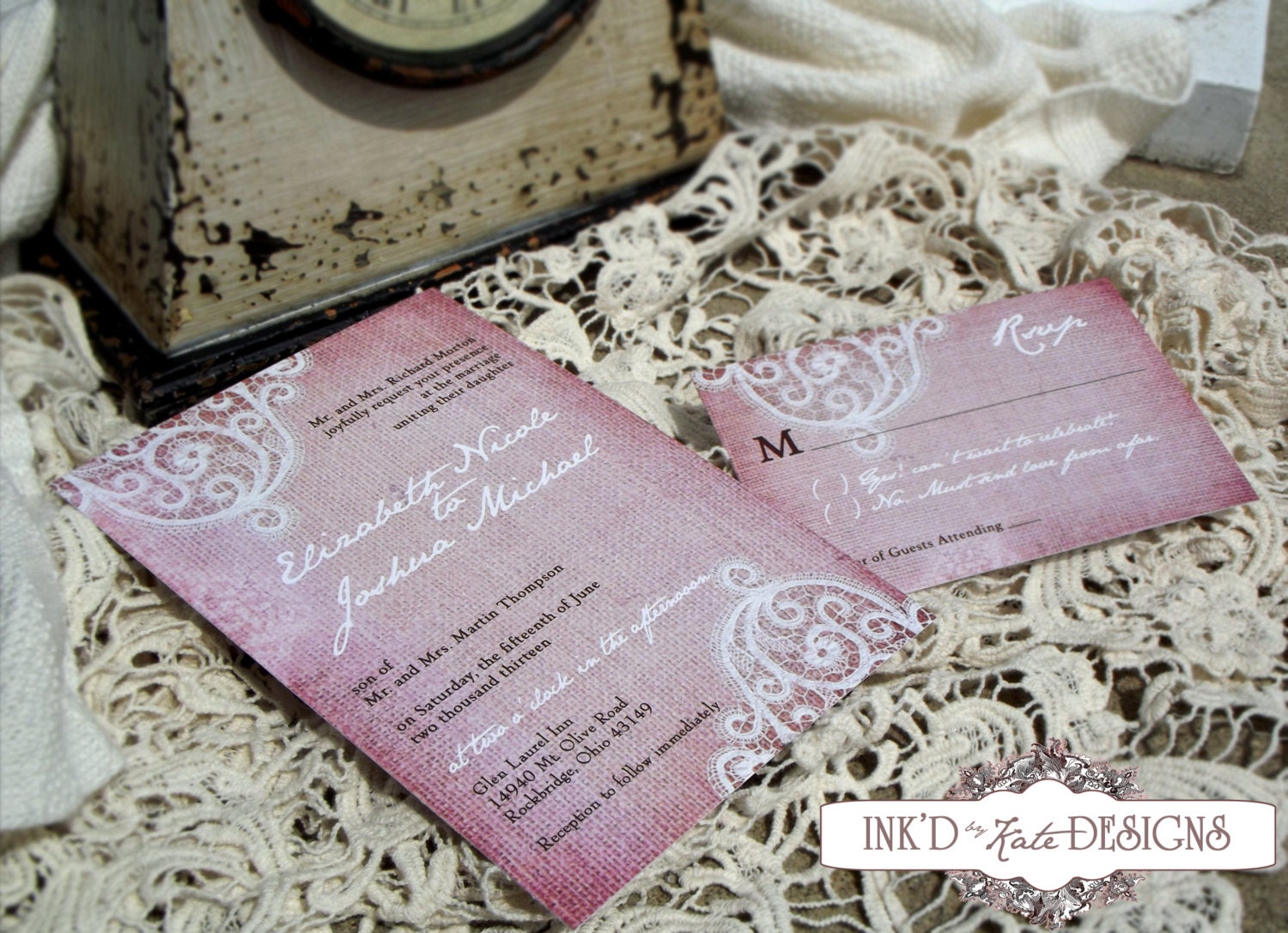 Vintage Burlap and Lace Blush Pink Wedding Invitation Deposit Only