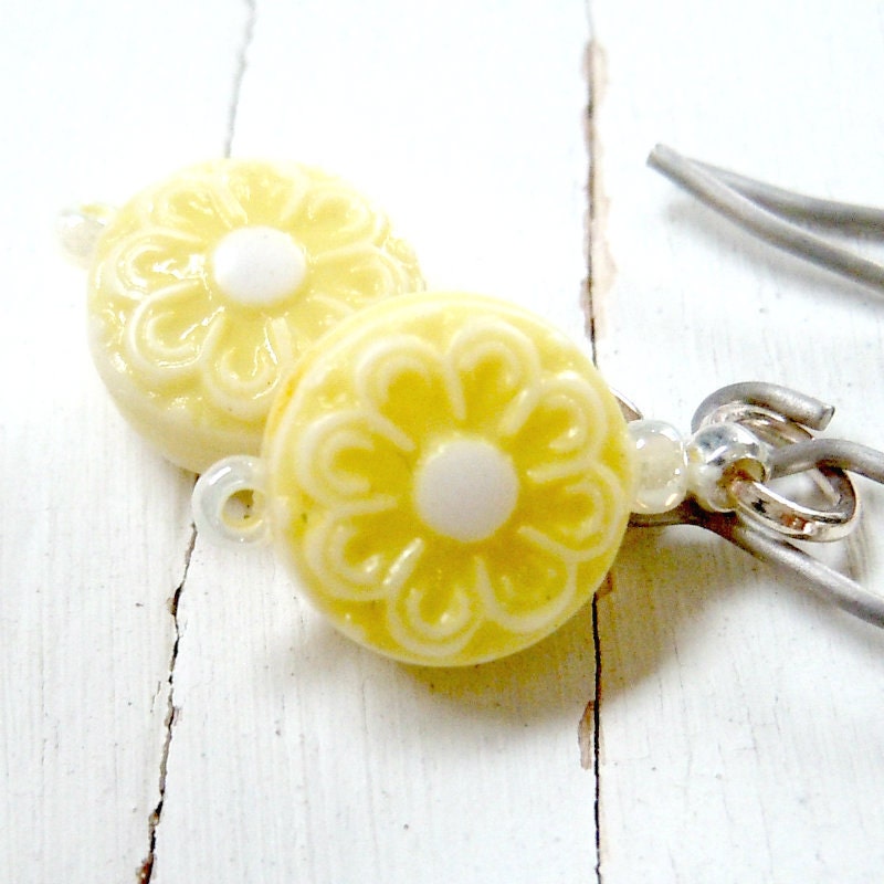 Yellow Flower Earrings, Drop Earrings, Titanium Ear Wires, Hypoallergenic, Cute Earrings