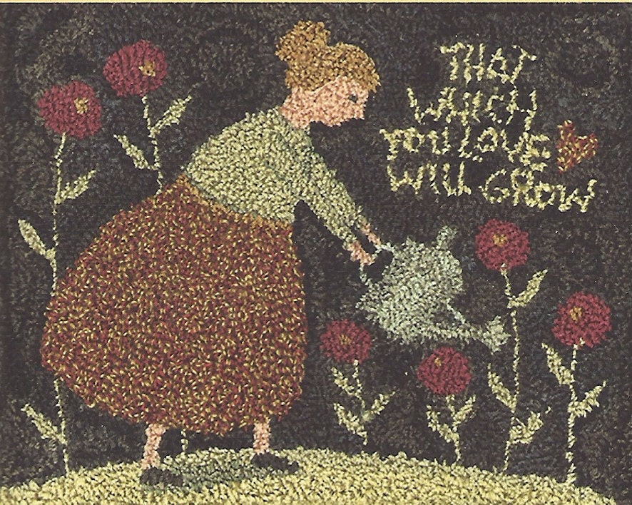 Primitive Folk Art Punchneedle Pattern:  GROW -- Preprinted design on Weaver's Cloth is included