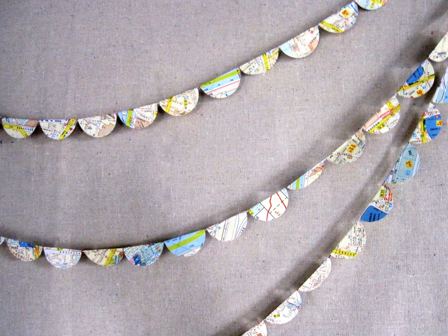 European Wanderer Map Garland -  Paris - Ten Feet of Upcycled City Atlas Travel Party Home Decoration